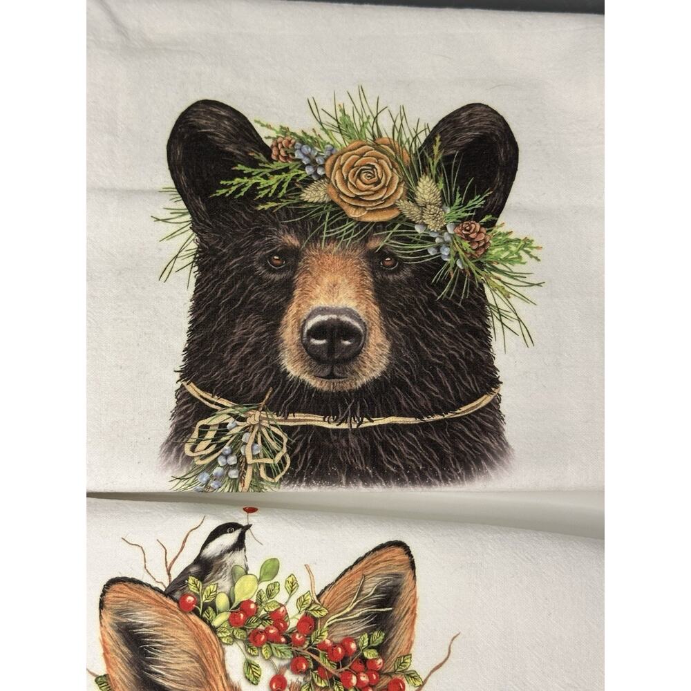 Mary Lake-Thompson Winter Animals Bear Buck Fox Snow Kitchen Towels Set Of 3 - Picture 4 of 5